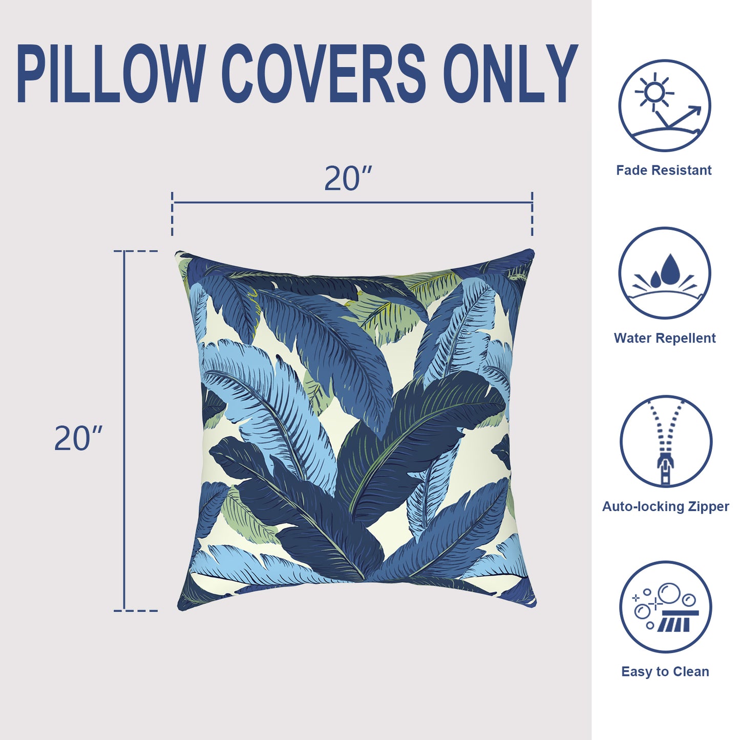 Melody Elephant Pack of 2 Patio Throw Pillow Covers ONLY, Water Repellent Cushion Cases 20x20 Inch, Square Pillowcases for Outdoor Couch Decoration, Swaying Palms Blue