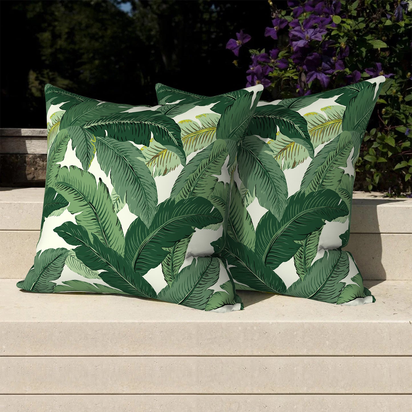 Melody Elephant Pack of 2 Patio Throw Pillow Covers ONLY, Water Repellent Cushion Cases 20x20 Inch, Square Pillowcases for Outdoor Couch Decoration, Swaying Palms Green