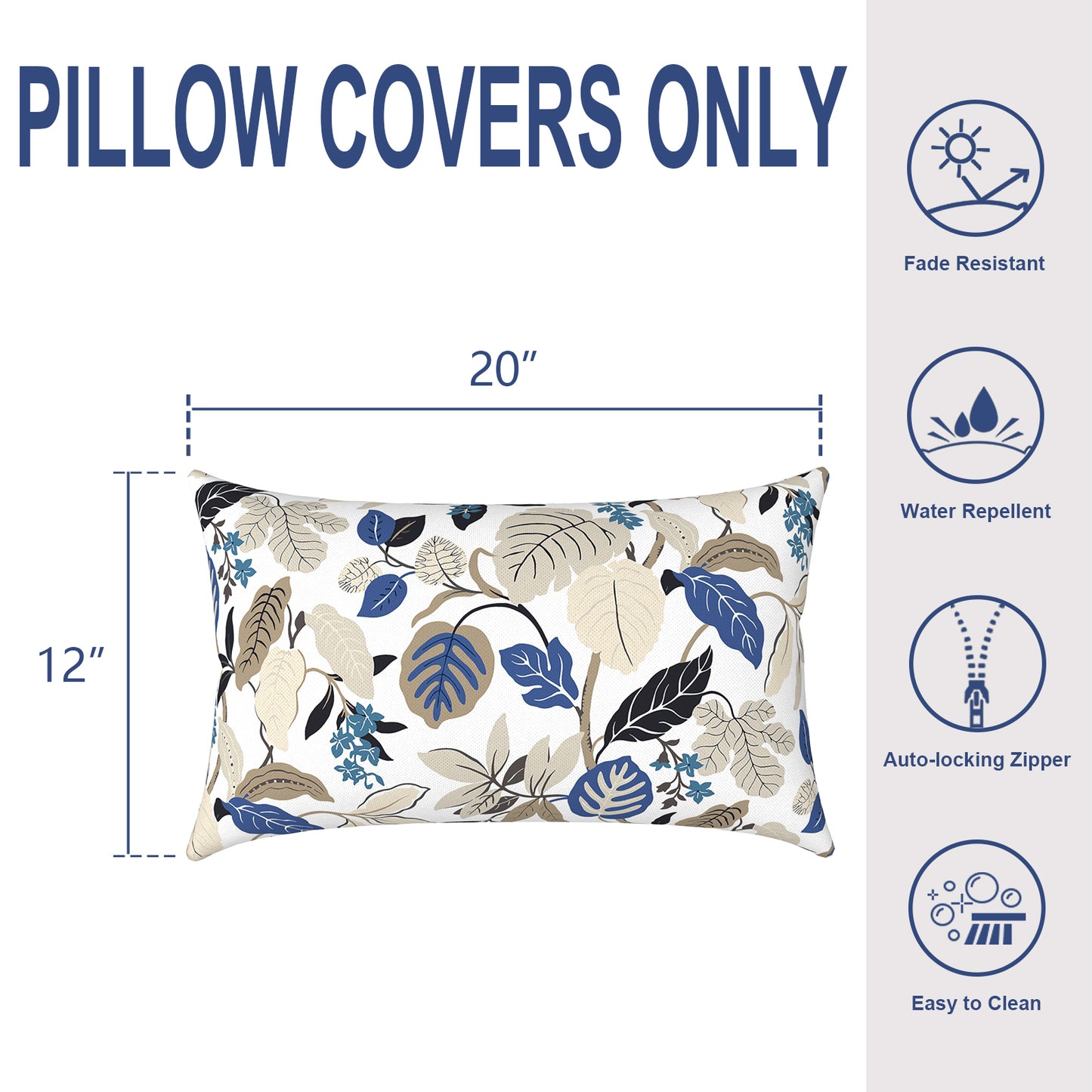 Melody Elephant Pack of 2 Outdoor Lumbar Pillow Covers, All Weather Cushion Pillow Cases 12x20 Inch, Pillowcase for Patio Couch Decoration, Breeze Leaves Beige