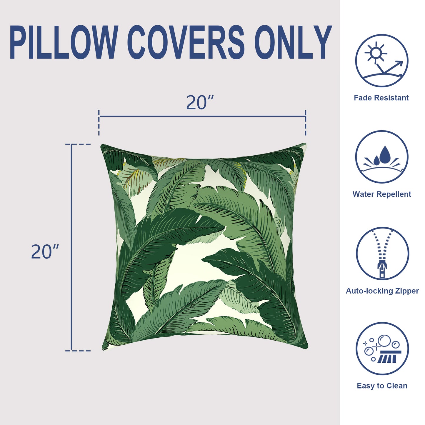 Melody Elephant Pack of 2 Patio Throw Pillow Covers ONLY, Water Repellent Cushion Cases 20x20 Inch, Square Pillowcases for Outdoor Couch Decoration, Swaying Palms Green