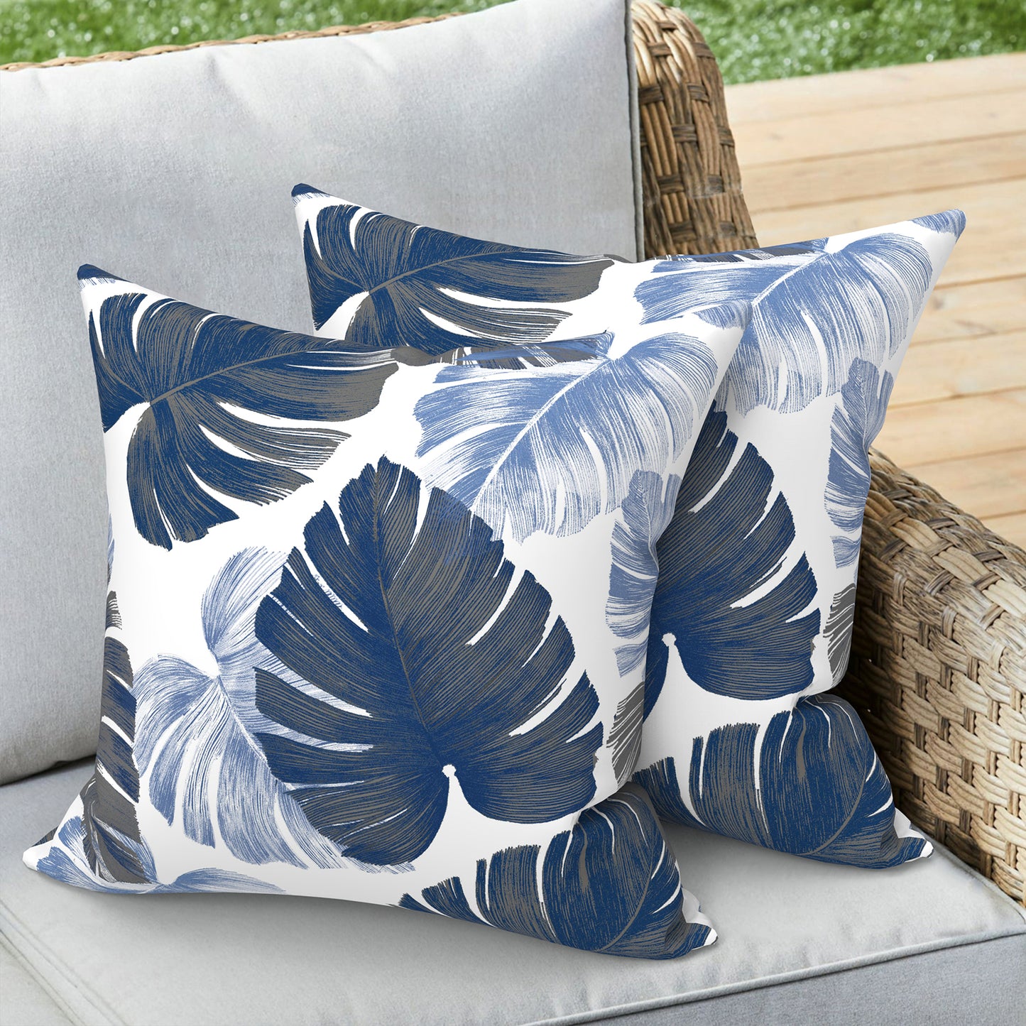 Melody Elephant Outdoor/Indoor Throw Pillow Covers Set of 2, All Weather Square Pillow Cases 16x16 Inch, Patio Cushion Pillow of Home Furniture Use, Monstera Blue