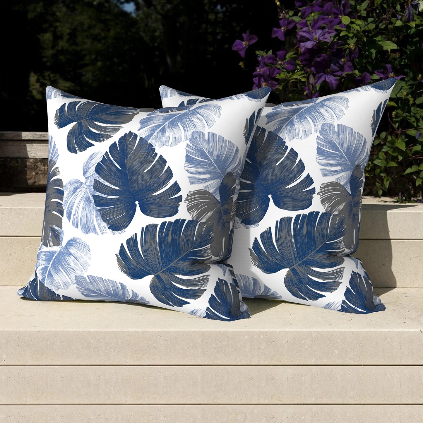 Melody Elephant Pack of 2 Patio Throw Pillow Covers ONLY, Water Repellent Cushion Cases 20x20 Inch, Square Pillowcases for Outdoor Couch Decoration, Monstera Blue