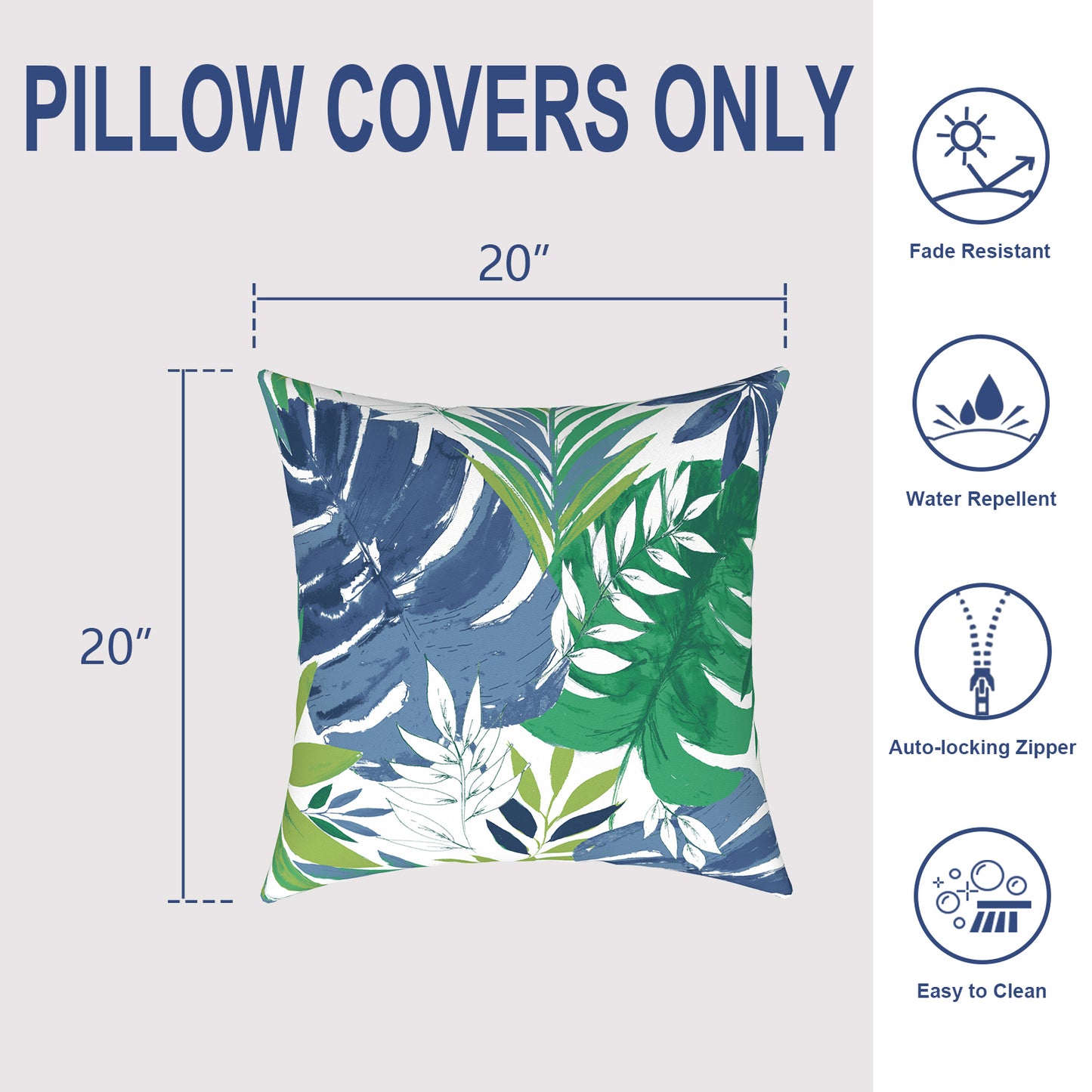 Melody Elephant Pack of 2 Patio Throw Pillow Covers ONLY, Water Repellent Cushion Cases 20x20 Inch, Square Pillowcases for Outdoor Couch Decoration, Islamorada Blue Green