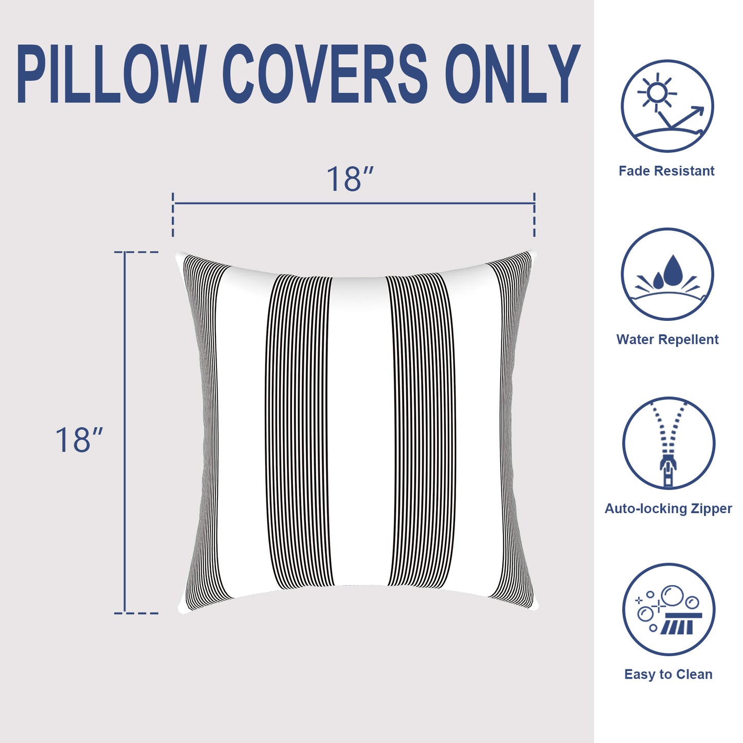 Melody Elephant Outdoor Throw Pillow Covers Pack of 2, Decorative Water Repellent Square Pillow Cases 18x18 Inch, Patio Pillowcases for Home Patio Furniture Use, Stripe Cabana Black