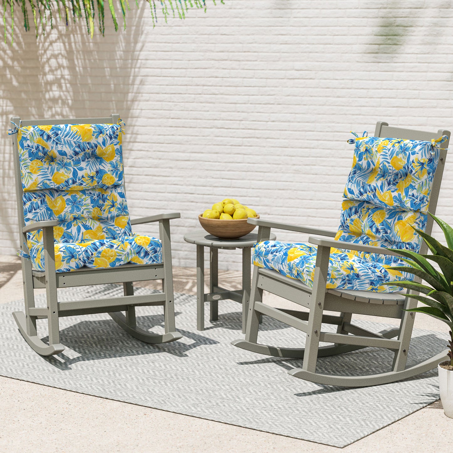Melody Elephant Outdoor Tufted High Back Chair Cushions, Water Resistant Rocking Seat Chair Cushions 2 Pack, Adirondack Cushions for Patio Home Garden, 22" W x 20" D, Lemon Blossom Blue