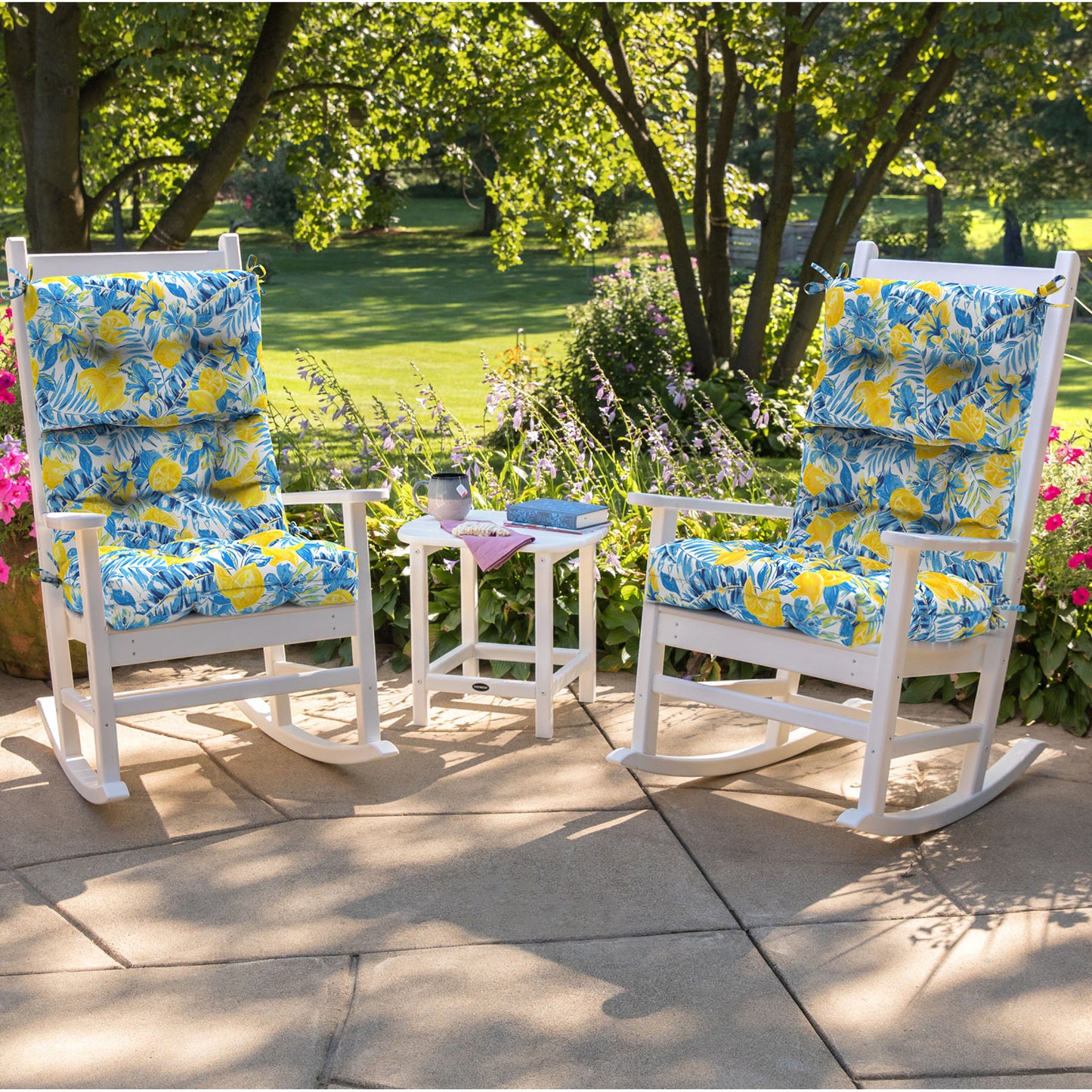 Melody Elephant Outdoor Tufted High Back Chair Cushions, Water Resistant Rocking Seat Chair Cushions 2 Pack, Adirondack Cushions for Patio Home Garden, 22" W x 20" D, Lemon Blossom Blue