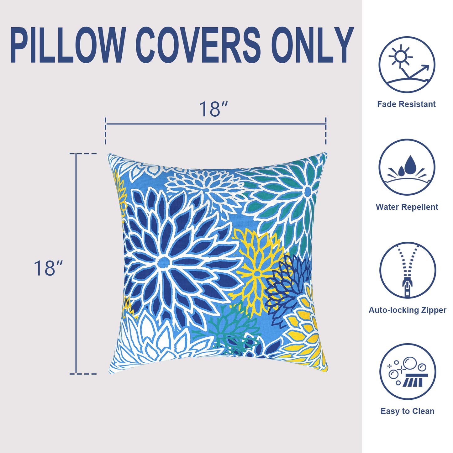 Melody Elephant Outdoor Throw Pillow Covers Pack of 2, Decorative Water Repellent Square Pillow Cases 18x18 Inch, Patio Pillowcases for Home Patio Furniture Use, Dahlia Blue