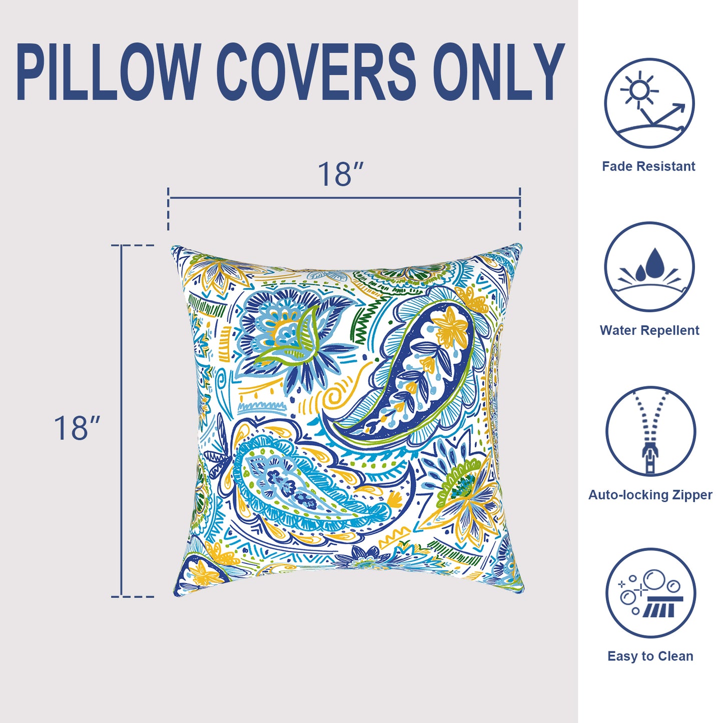 Melody Elephant Outdoor Throw Pillow Covers Pack of 2, Decorative Water Repellent Square Pillow Cases 18x18 Inch, Patio Pillowcases for Home Patio Furniture Use, Blue Paisley
