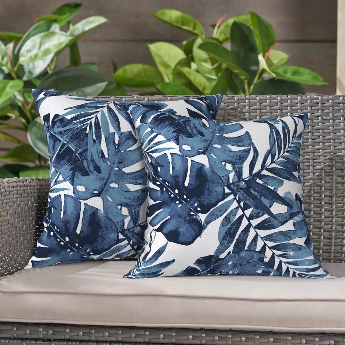 Melody Elephant Outdoor Throw Pillow Covers Pack of 2, Decorative Water Repellent Square Pillow Cases 18x18 Inch, Patio Pillowcases for Home Patio Furniture Use, Palm Blue