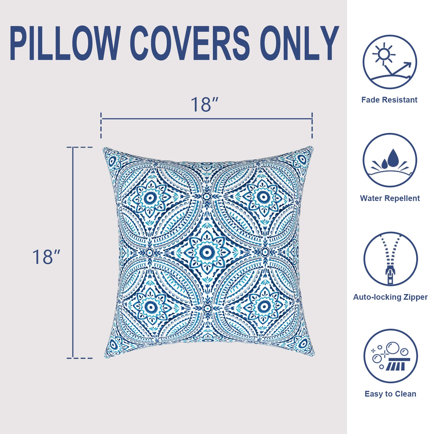 Melody Elephant Outdoor Throw Pillow Covers Pack of 2, Decorative Water Repellent Square Pillow Cases 18x18 Inch, Patio Pillowcases for Home Patio Furniture Use, Delancey Baltic