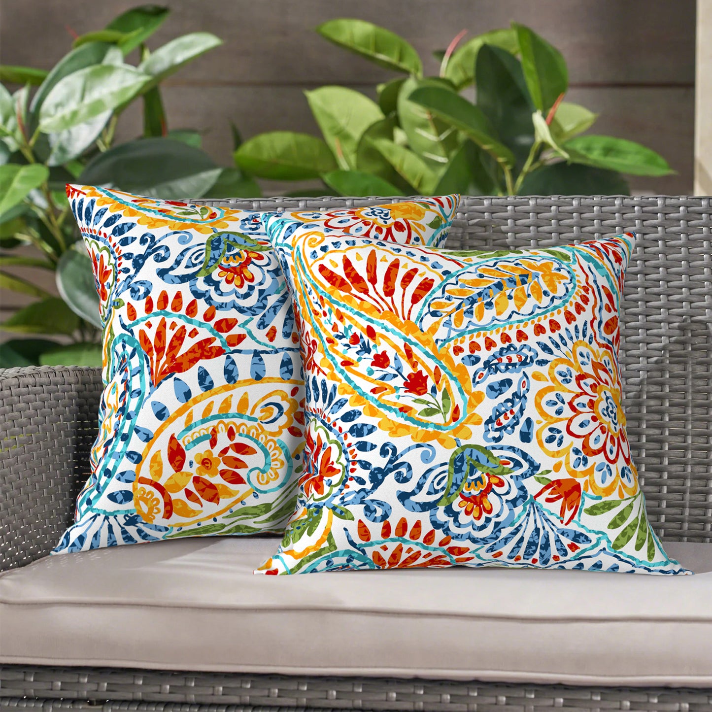 Melody Elephant Outdoor Throw Pillow Covers Pack of 2, Decorative Water Repellent Square Pillow Cases 18x18 Inch, Patio Pillowcases for Home Patio Furniture Use, Paisley Multi