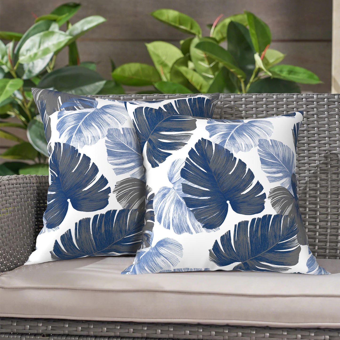 Melody Elephant Outdoor Throw Pillow Covers Pack of 2, Decorative Water Repellent Square Pillow Cases 18x18 Inch, Patio Pillowcases for Home Patio Furniture Use, Monstera Blue