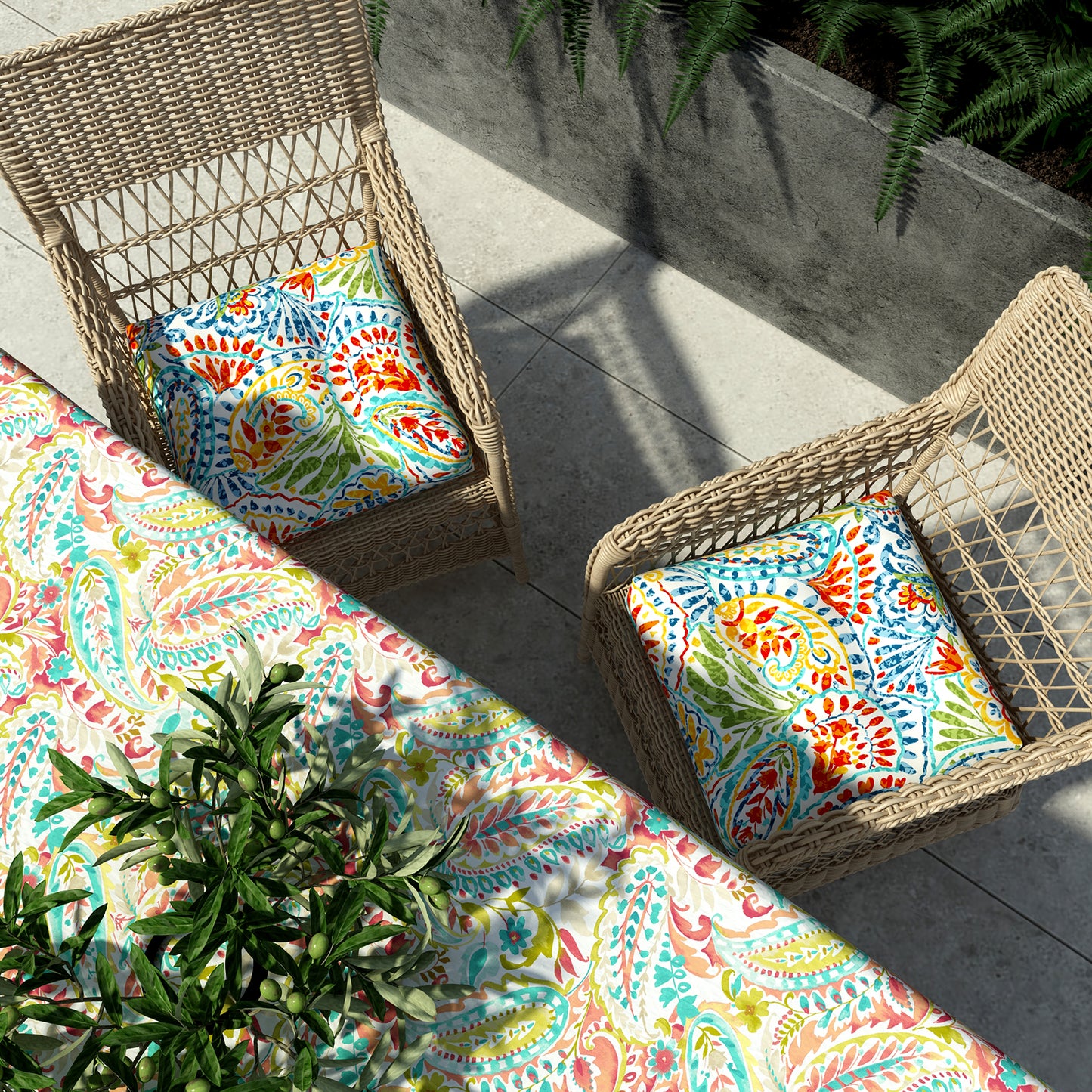 Melody Elephant Indoor/Outdoor Square Tufted Seat Cushions with Ties, Fade Resistant Patio Wicker Thick Chair Pads Pack of 2, 19 x 19 x 5 Inch, Paisley Multi