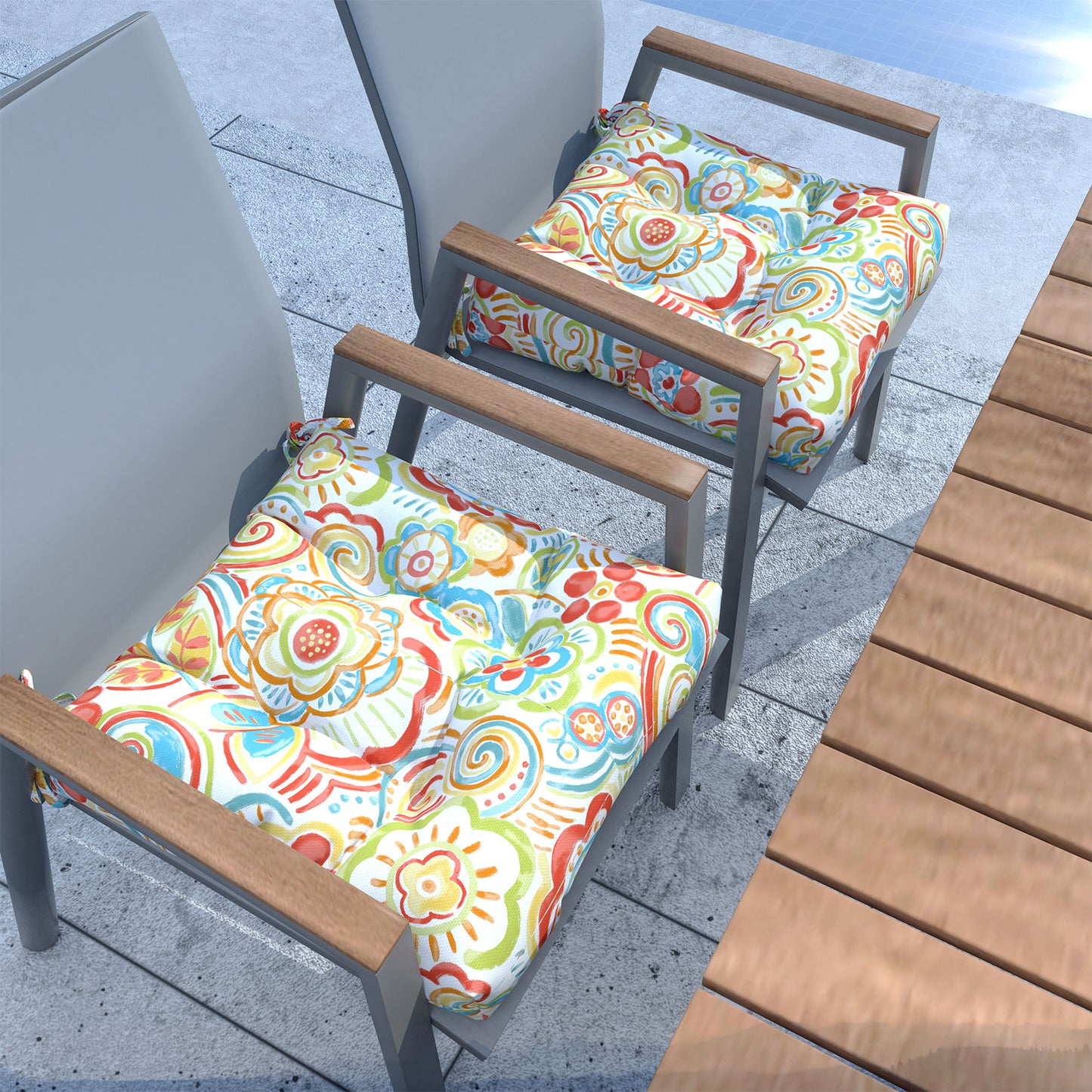 Melody Elephant Indoor/Outdoor Square Tufted Seat Cushions with Ties, Fade Resistant Patio Wicker Thick Chair Pads Pack of 2, 19 x 19 x 5 Inch, Flower Multi