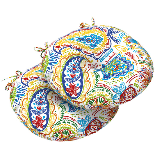 Melody Elephant Outdoor Bistro Chair Cushions, Water Repellent Furniture Chair Pads Set of 2, Round Pillow for Decoration Home and Garden, 15”x15”x4”, Red Paisley