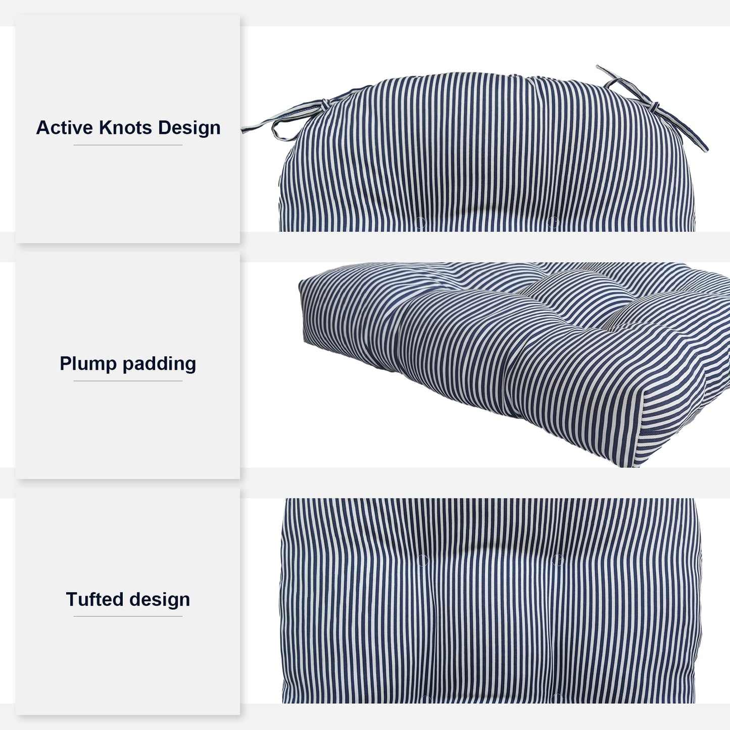 Melody Elephant Patio Wicker Chair Cushions, All Weather Outdoor Tufted Chair Pads Pack of 2, 19 x 19 x 5 Inch U-Shaped Seat Cushions of Garden Furniture Decoration, Stripe Navy