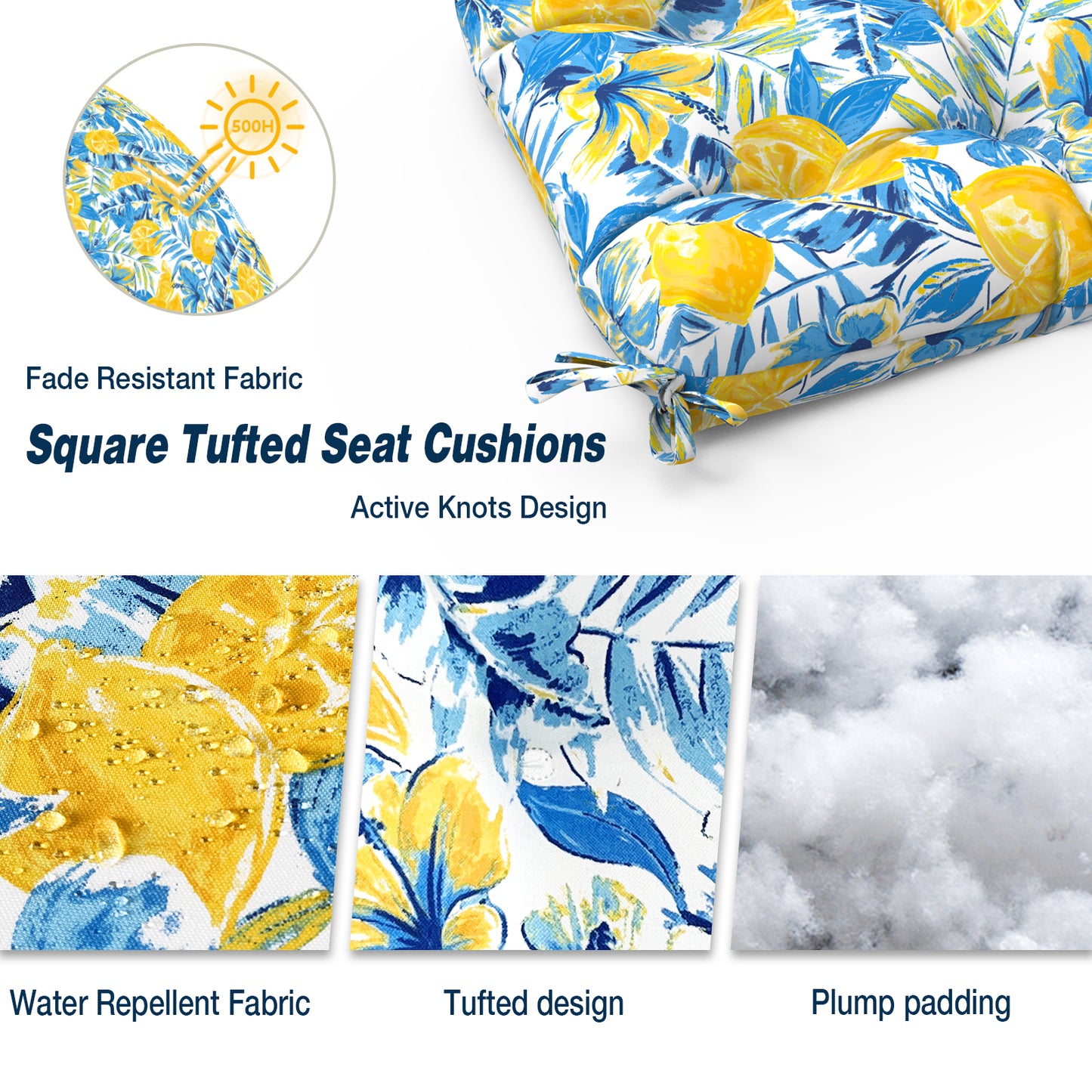 Melody Elephant Indoor/Outdoor Square Tufted Seat Cushions with Ties, Fade Resistant Patio Wicker Thick Chair Pads Pack of 2, 19 x 19 x 5 Inch, Lemon Blossom Blue