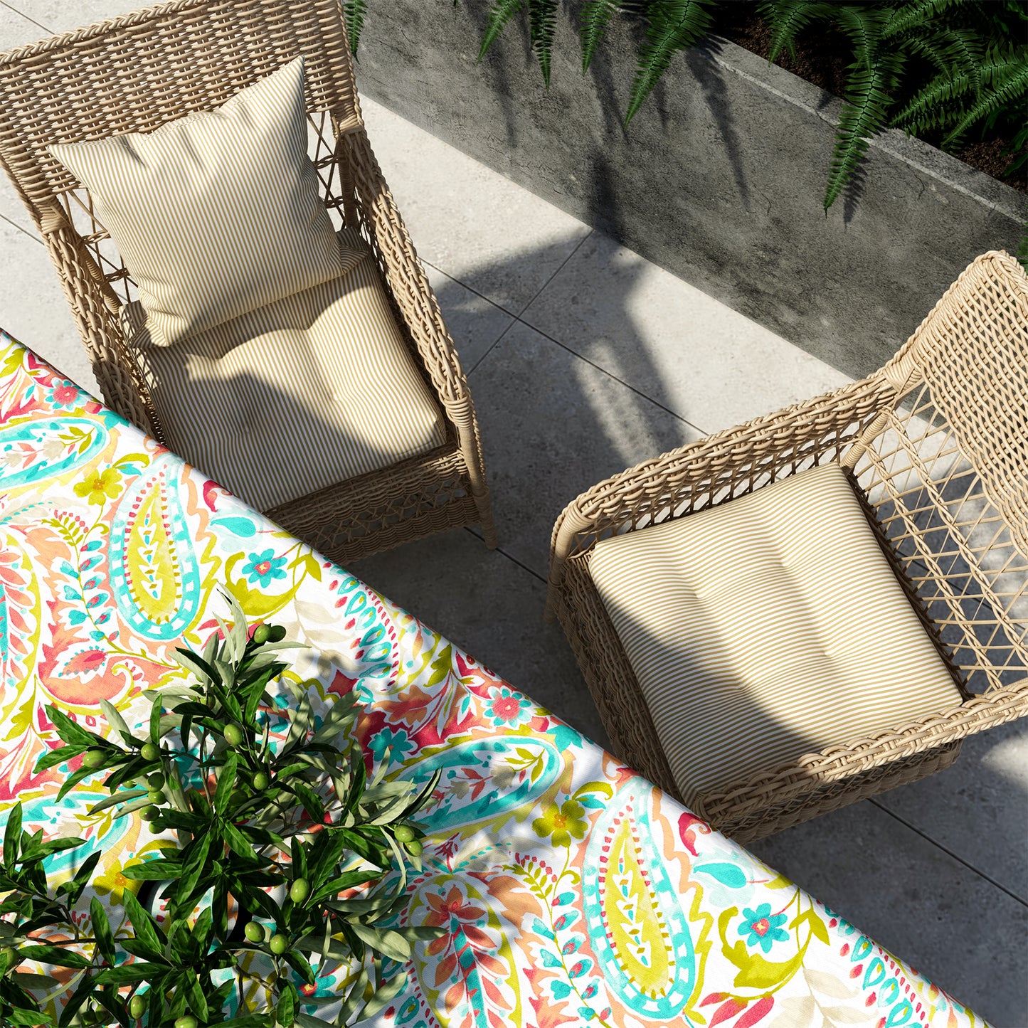 Melody Elephant Indoor/Outdoor Square Tufted Seat Cushions with Ties, Fade Resistant Patio Wicker Thick Chair Pads Pack of 2, 19 x 19 x 5 Inch, Stripe Beige