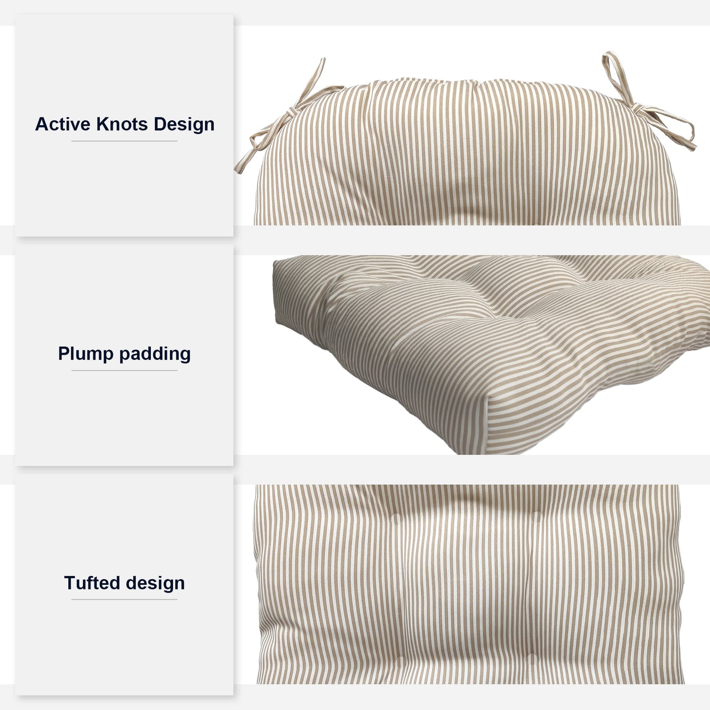 Melody Elephant Patio Wicker Chair Cushions, All Weather Outdoor Tufted Chair Pads Pack of 2, 19 x 19 x 5 Inch U-Shaped Seat Cushions of Garden Furniture Decoration, Stripe Beige