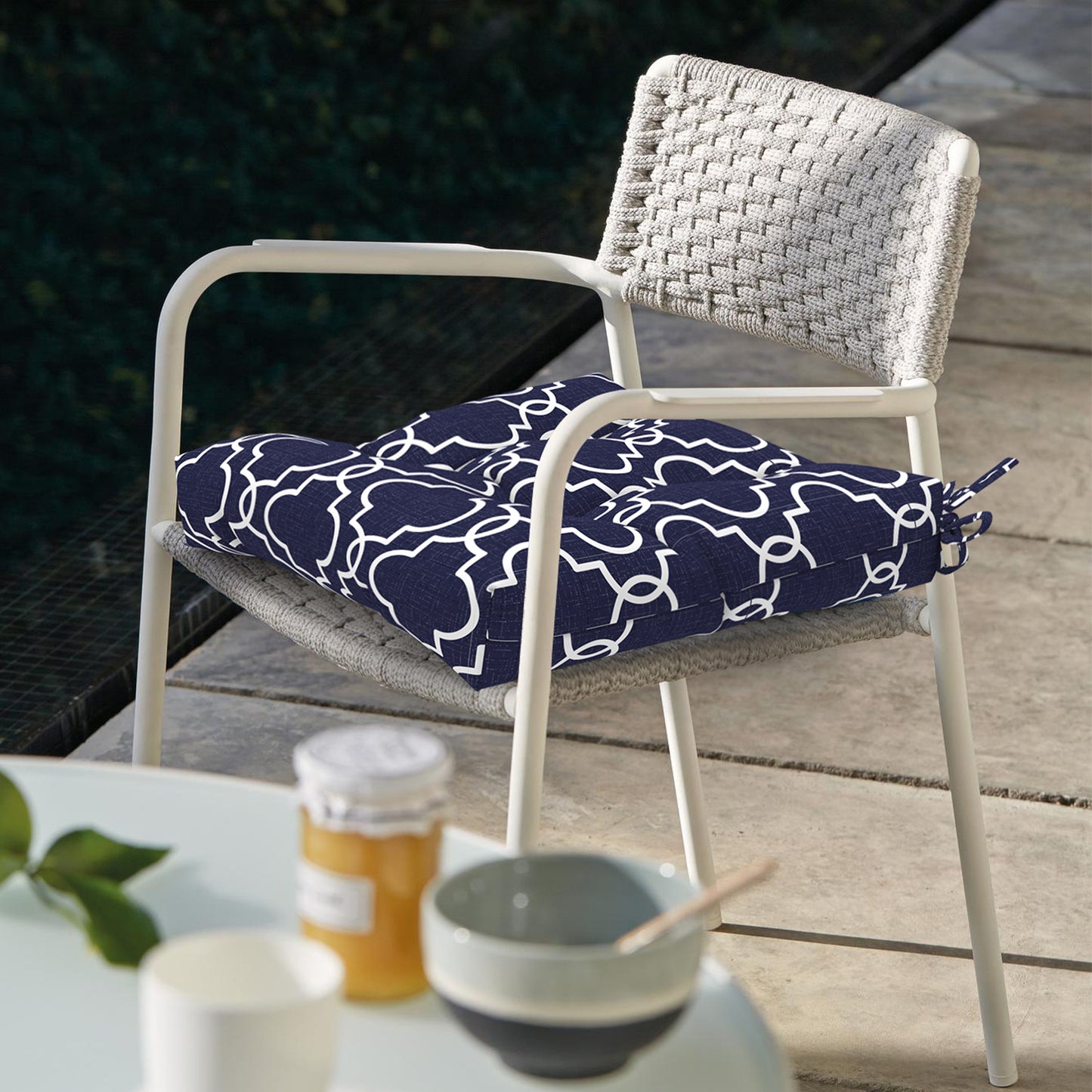 Melody Elephant Indoor/Outdoor Square Tufted Seat Cushions with Ties, Fade Resistant Patio Wicker Thick Chair Pads Pack of 2, 19 x 19 x 5 Inch, Carmody Navy