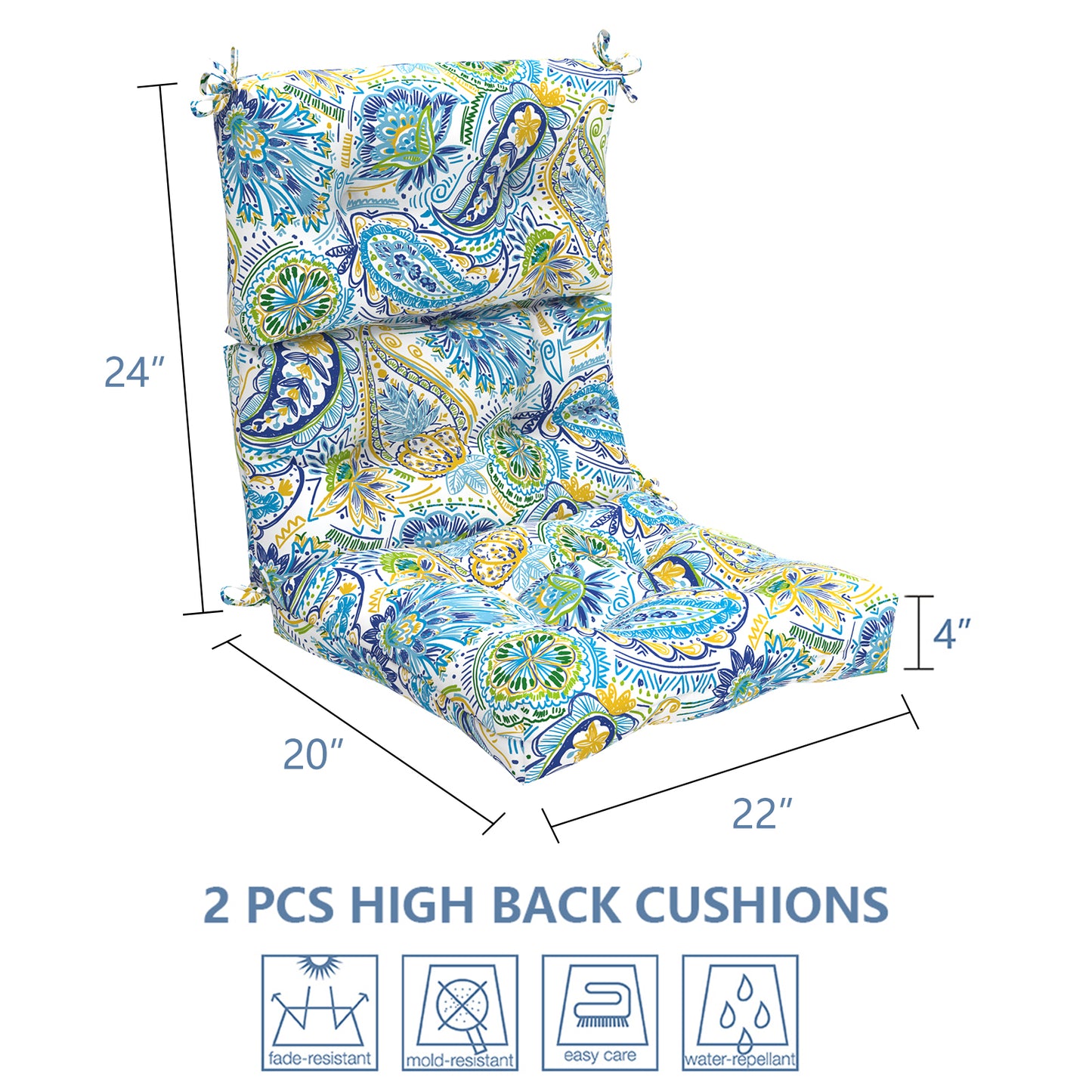 Melody Elephant Outdoor Tufted High Back Chair Cushions, Water Resistant Rocking Seat Chair Cushions 2 Pack, Adirondack Cushions for Patio Home Garden, 22" W x 20" D, Blue Paisley