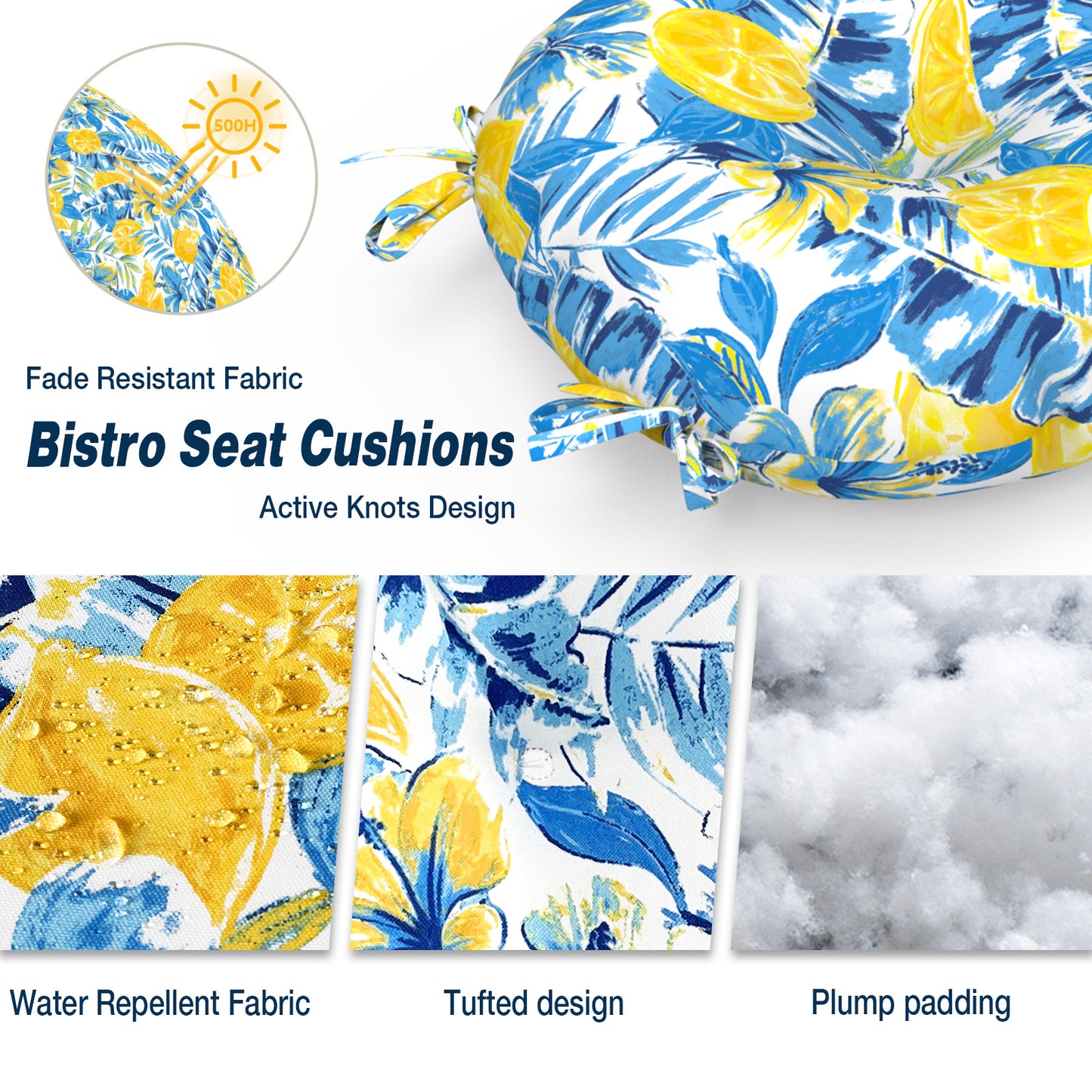 Melody Elephant Outdoor Bistro Chair Cushions, Water Repellent Furniture Chair Pads Set of 2, Round Pillow for Decoration Home and Garden, 15”x15”x4”, Lemon Blossom Blue