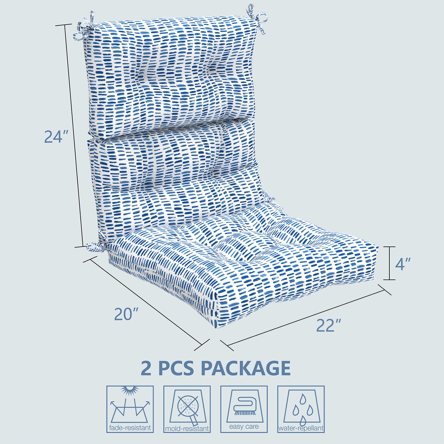 Melody Elephant Outdoor Tufted High Back Chair Cushions, Water Resistant Rocking Seat Chair Cushions 2 Pack, Adirondack Cushions for Patio Home Garden, 22" W x 20" D, Pebble Blue