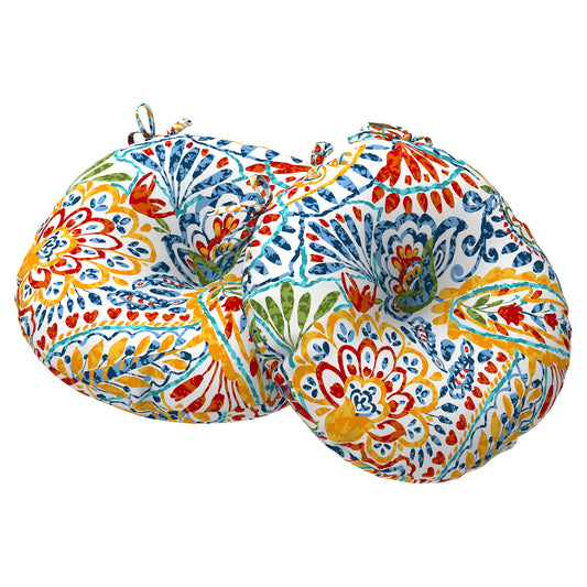 Melody Elephant Outdoor Bistro Chair Cushions, Water Repellent Furniture Chair Pads Set of 2, Round Pillow for Decoration Home and Garden, 15”x15”x4”, Paisley Multi