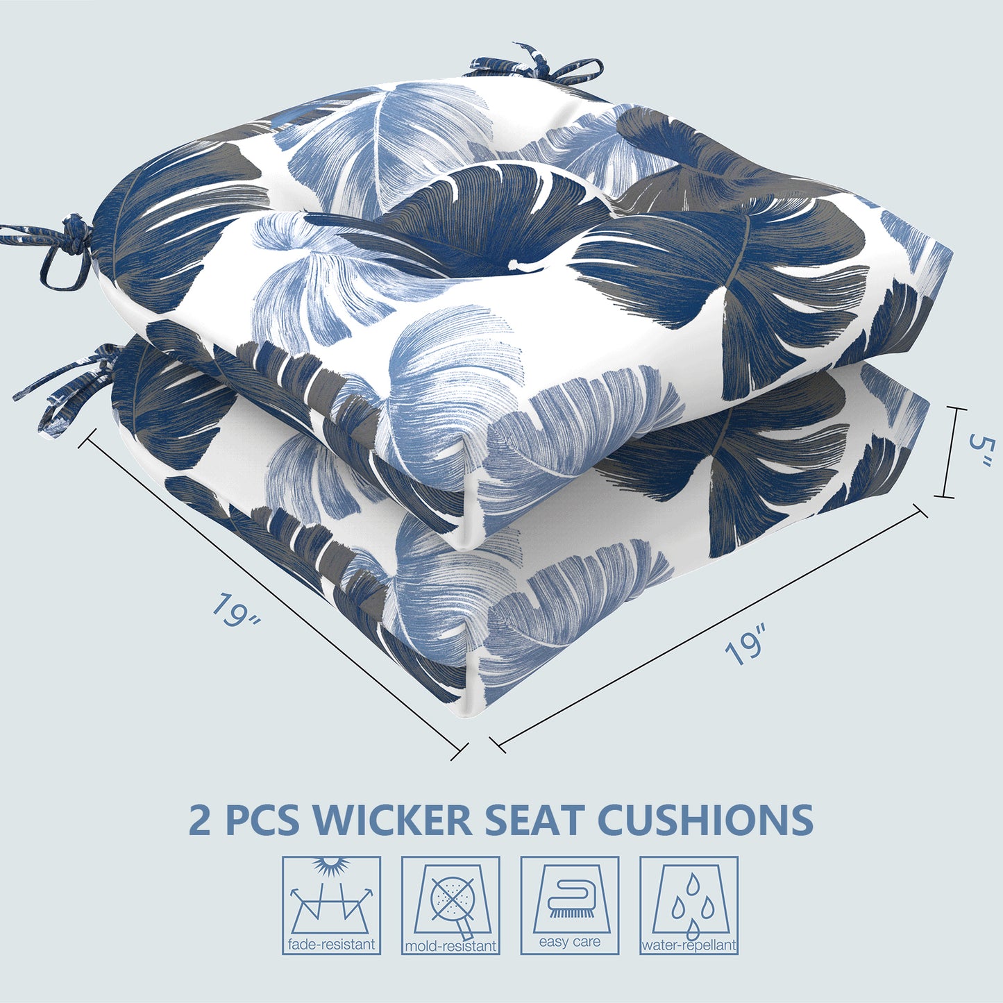 Melody Elephant Patio Wicker Chair Cushions, All Weather Outdoor Tufted Chair Pads Pack of 2, 19 x 19 x 5 Inch U-Shaped Seat Cushions of Garden Furniture Decoration, Monstera Blue
