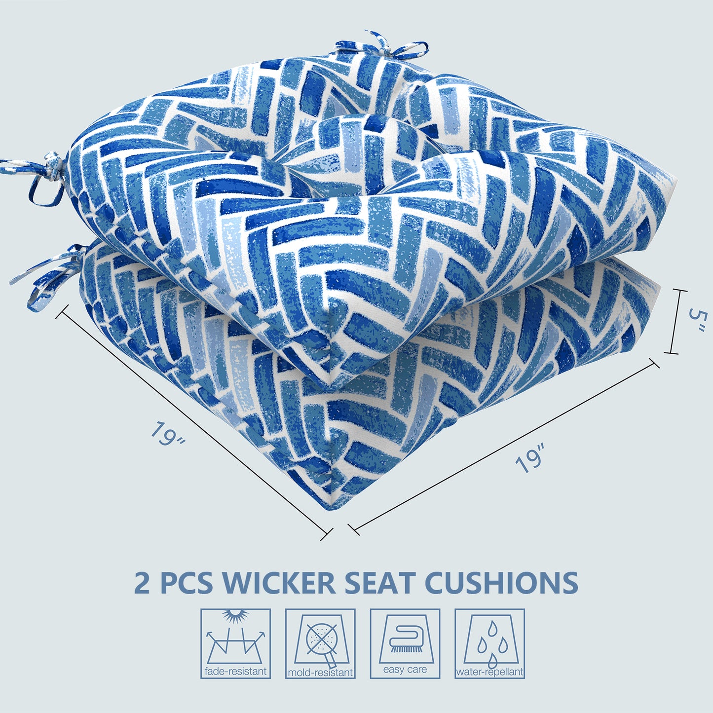 Melody Elephant Patio Wicker Chair Cushions, All Weather Outdoor Tufted Chair Pads Pack of 2, 19 x 19 x 5 Inch U-Shaped Seat Cushions of Garden Furniture Decoration, Blue Bricks