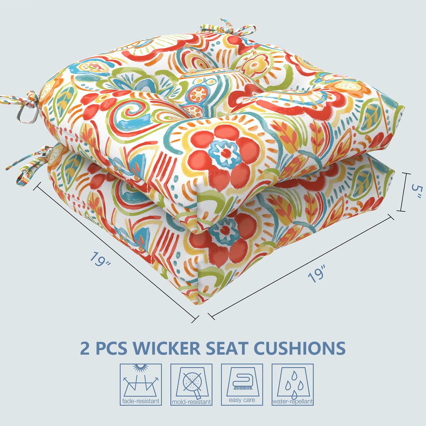 Melody Elephant Patio Wicker Chair Cushions, All Weather Outdoor Tufted Chair Pads Pack of 2, 19 x 19 x 5 Inch U-Shaped Seat Cushions of Garden Furniture Decoration, Flower Multi