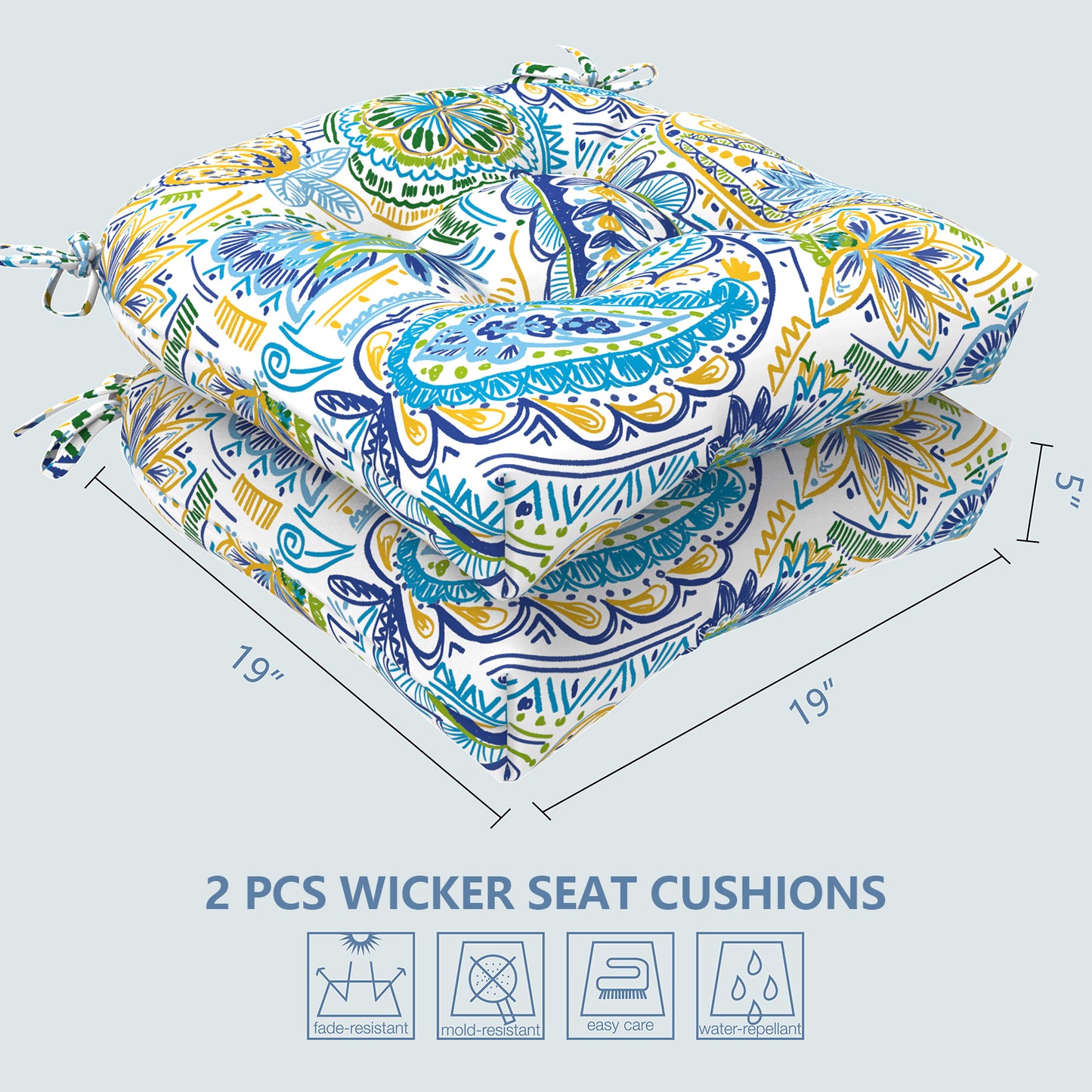 Melody Elephant Patio Wicker Chair Cushions, All Weather Outdoor Tufted Chair Pads Pack of 2, 19 x 19 x 5 Inch U-Shaped Seat Cushions of Garden Furniture Decoration, Blue Paisley