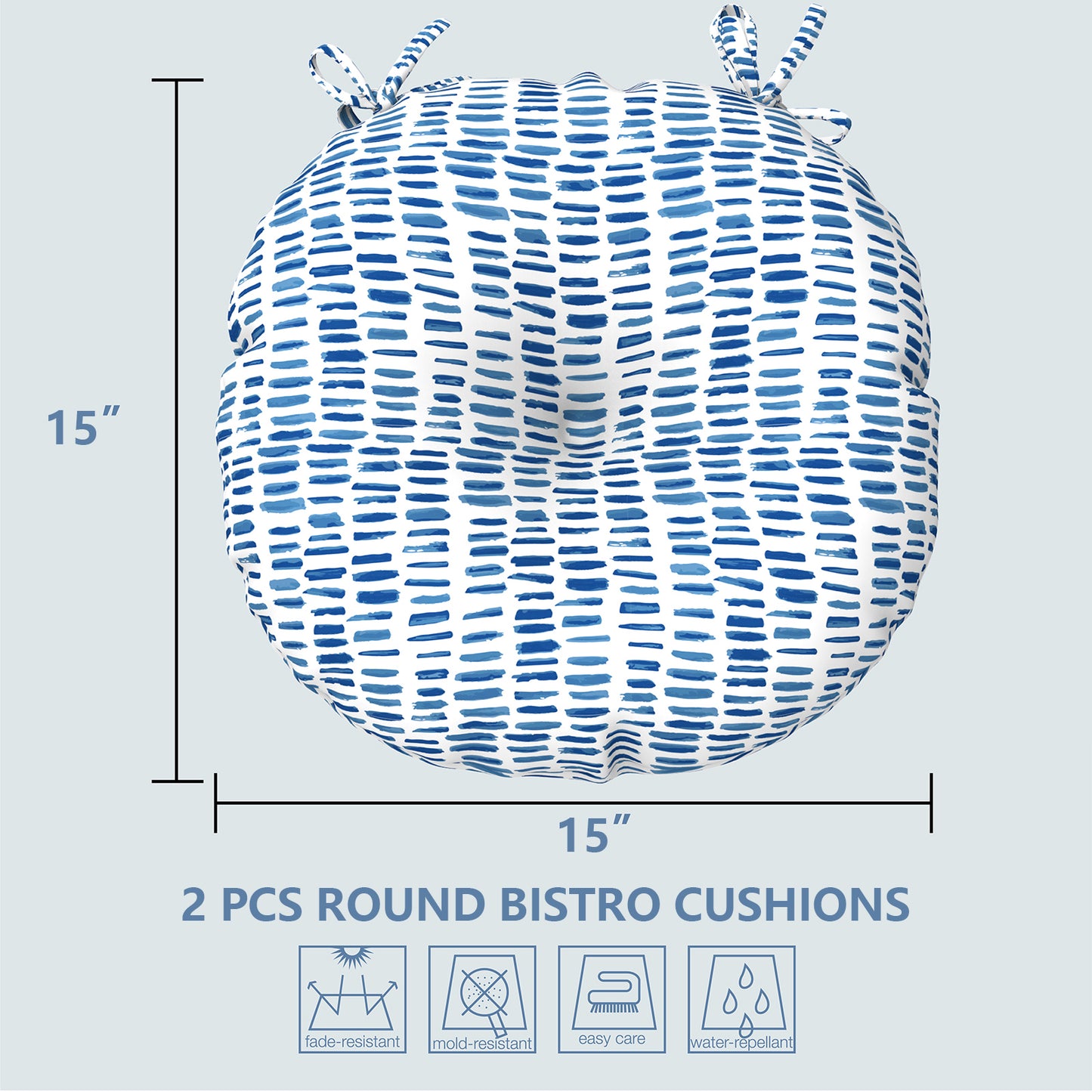 Melody Elephant Outdoor Bistro Chair Cushions, Water Repellent Furniture Chair Pads Set of 2, Round Pillow for Decoration Home and Garden, 15”x15”x4”, Pebble Blue