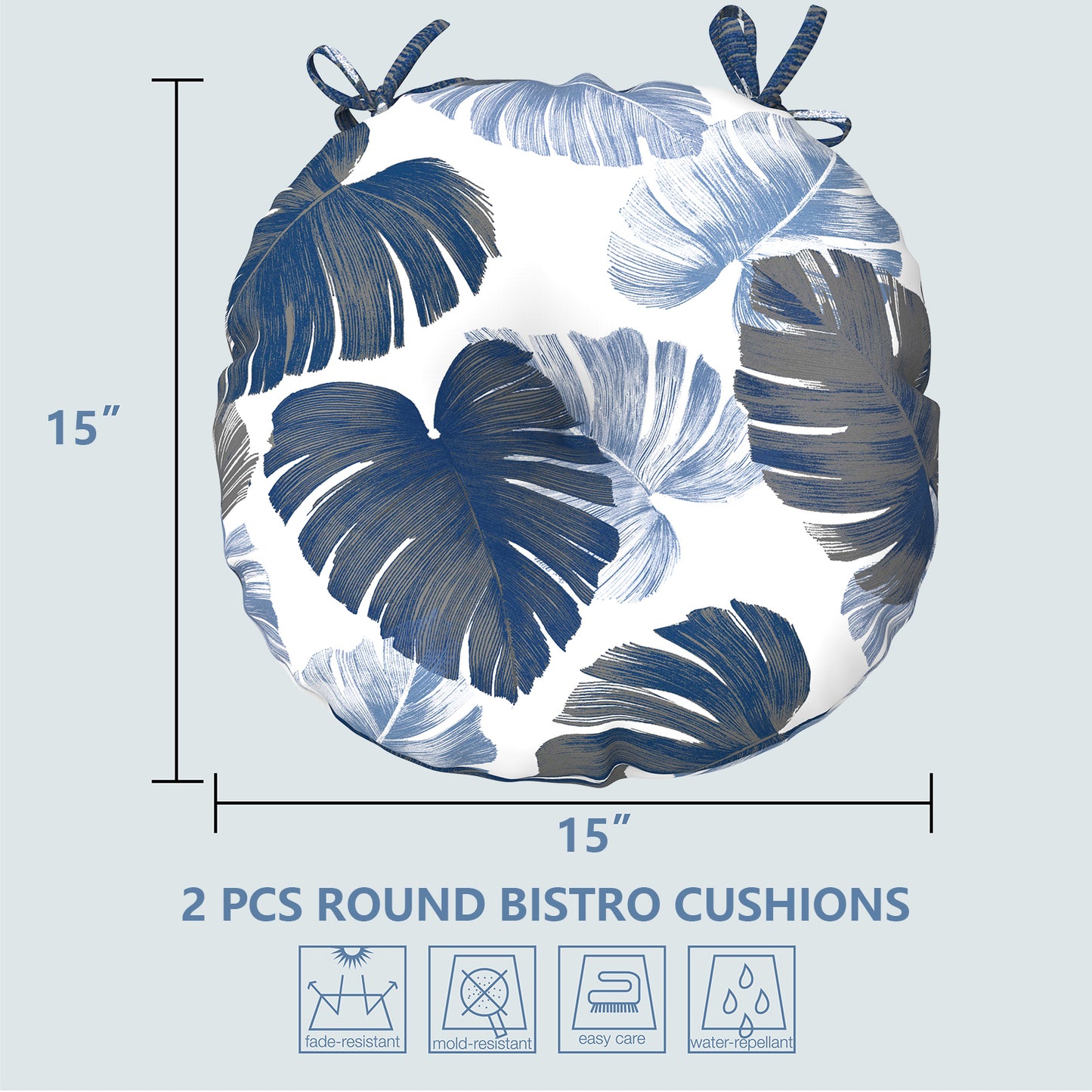 Melody Elephant Outdoor Bistro Chair Cushions, Water Repellent Furniture Chair Pads Set of 2, Round Pillow for Decoration Home and Garden, 15”x15”x4”, Monstera Blue
