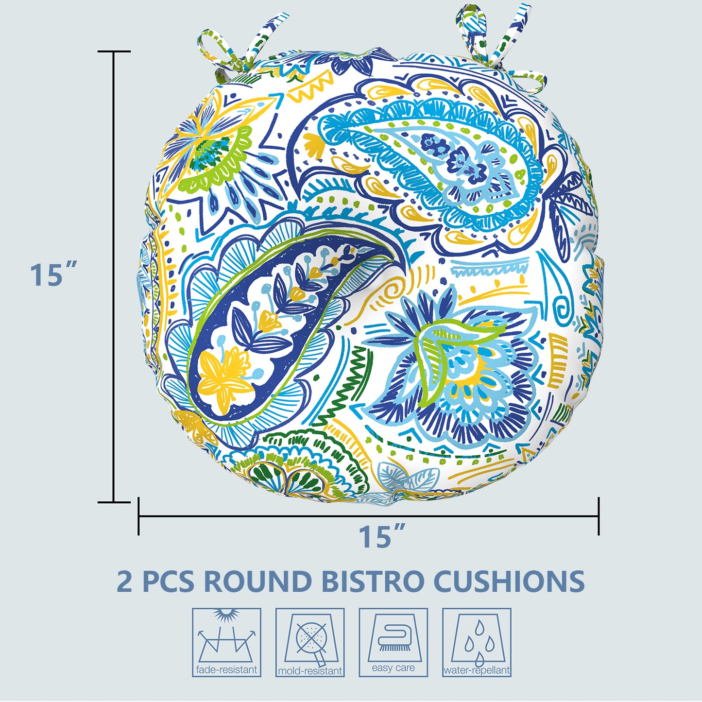 Melody Elephant Outdoor Bistro Chair Cushions, Water Repellent Furniture Chair Pads Set of 2, Round Pillow for Decoration Home and Garden, 15”x15”x4”, Blue Paisley